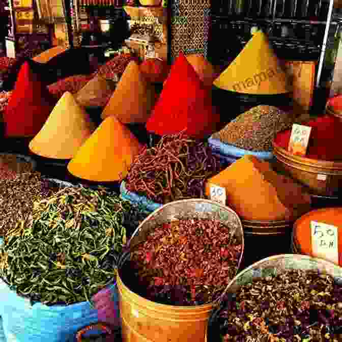 A Bustling Food Market In Marrakech, With Vendors Selling Colorful Spices, Dried Fruits, And Traditional Moroccan Dishes. A Brief History Of The Sewing Machine: Without The Boring Bits