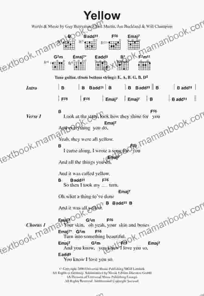 Yellow By Coldplay Guitar Tablature 12 Easy Guitar Pieces I Classic Popular Song In Standard Notation Tablature And Chords For Beginners: TAB And Scores With Short Description And Chord Chart Ukulele Strum I Music Gift For Guitarists